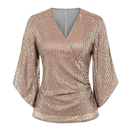 Outfmvch Glitter Top Mesh Long Sleeve Tops for Women Shirts for Women Sequin Tops 3/4 Sleeve Glitter Sparkly Blouse Dressy Tops 3/4 Length Sleeve Womens Tops Corset Tops for Women Beige L