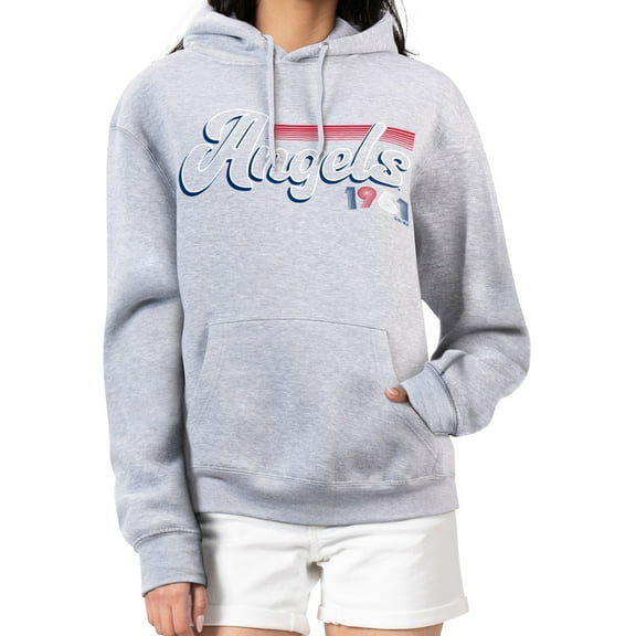 Women's Starter Gray Los Angeles Angels Groovy Script Team Fleece Pullover Hoodie