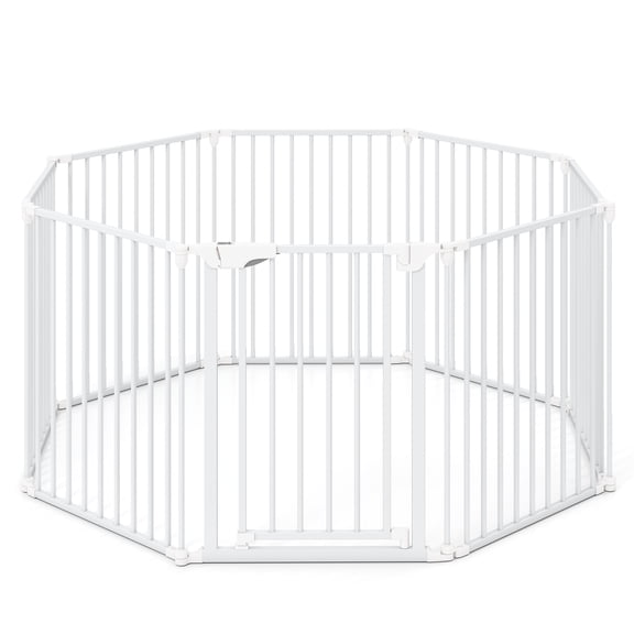 Gymax 8-Panel Adjustable Pet Safety Fence w/Auto-close Door & Double Locking System White