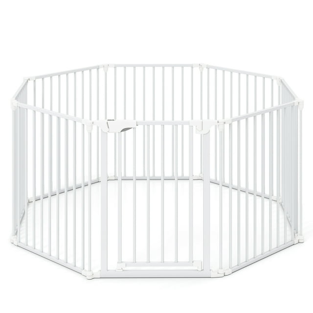 Gymax 8-Panel Adjustable Pet Safety Fence w/Auto-close Door & Double Locking System White