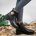 thumbnail image 3 of Botines de mujer Botas de tobillo de tacón grueso con cremallera decorativa y hebilla de cinturón de de imitación de cuero con bloques de colores de estilo británico a la moda para mujer (Black 7.5), 3 of 7