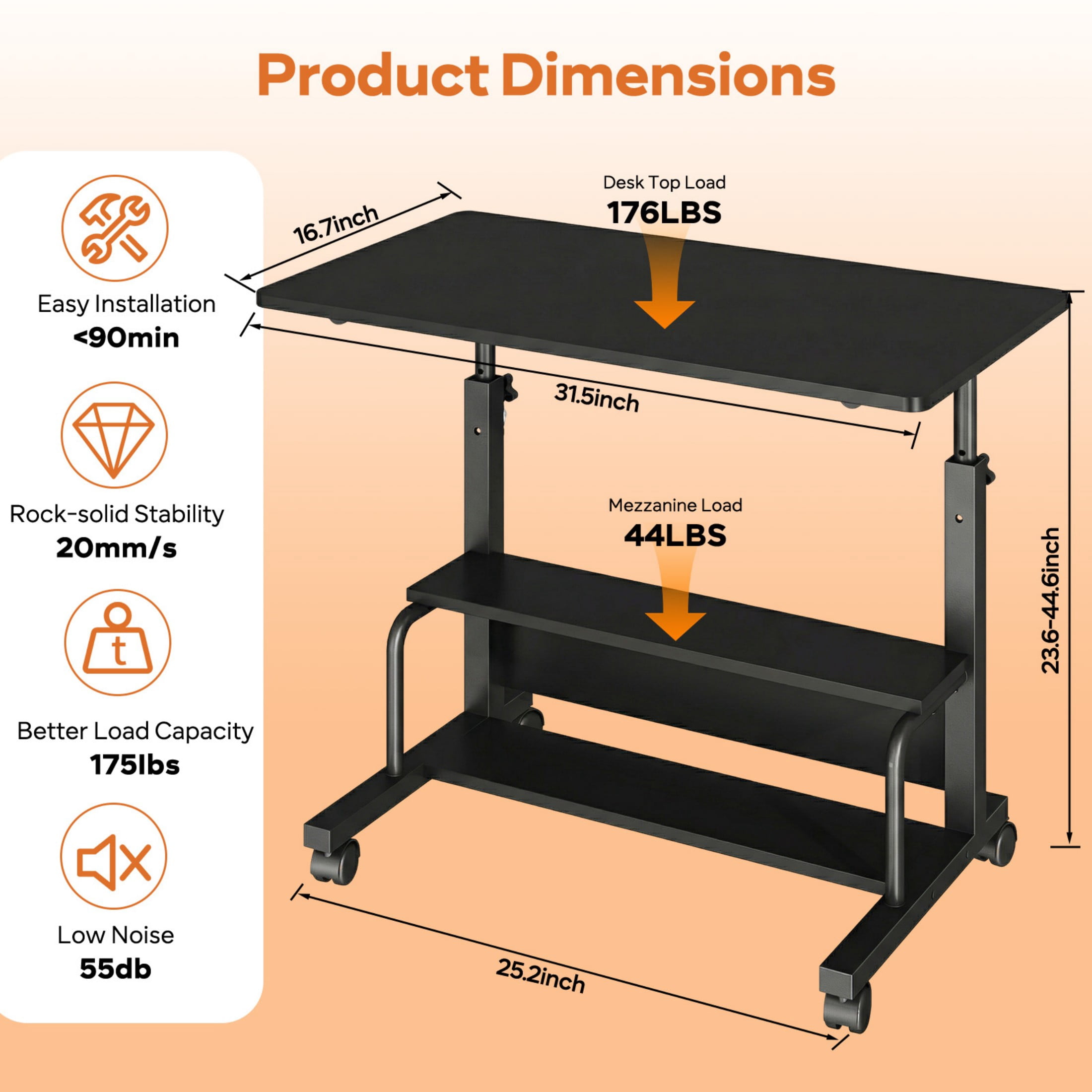 CONCETTA 31.5'' Adjustable Height Rolling Computer Desk with Storage Shelves, Portable Mobile Desk for Small Spaces Home Office, Black