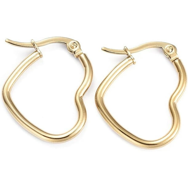 10 pares de pendientes de aro con forma de corazón de 27 mm en oro, de acero inoxidable, estilo moderno, sin cierre de presión.