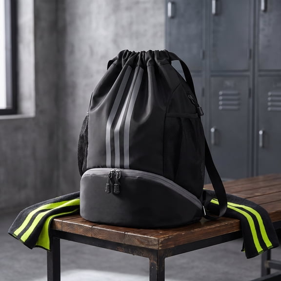 Waterproof Gym Bags with Drawstring, Large Capacity Sports Bag, with Bottom Compartment and Wide Drawstring, Soccer Backpack for Women Men Junior (Black)