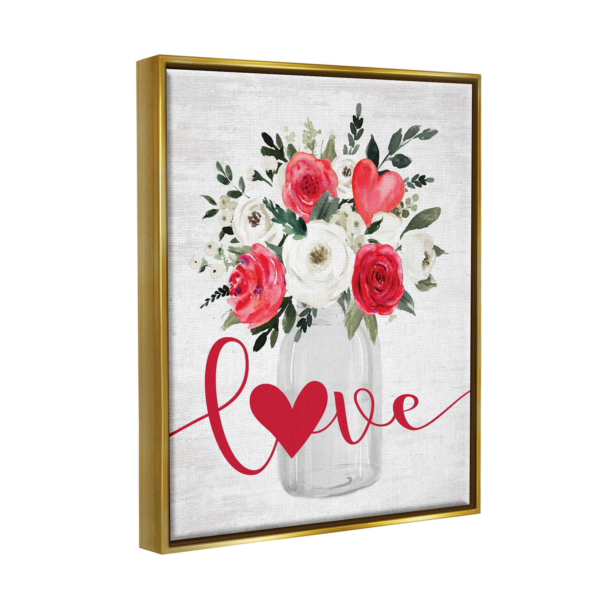 Stupell Industries Floral Valentine's Love Bouquet Botanical & Floral Painting Gold Floater Framed Canvas Art Print Wall Art, 25 x 31