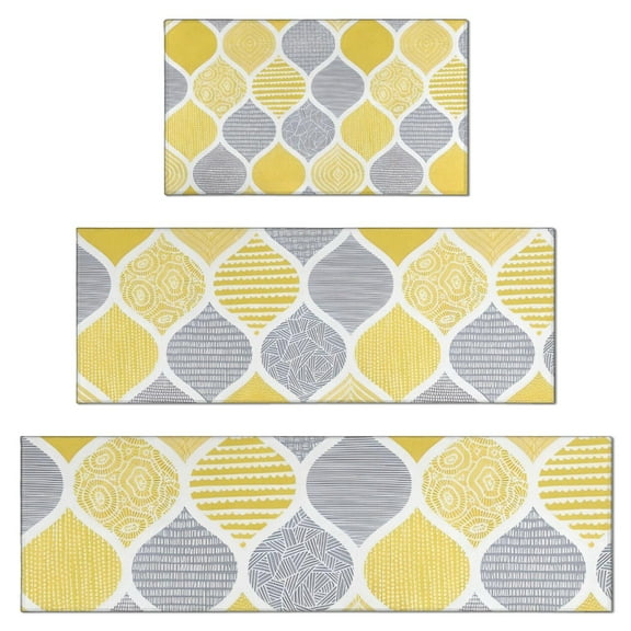Yellow and Gray Geometric Quatrefoil Pattern Kitchen Rugs Sets Of 3,Kitchen Runner Rugs Non Skid Washable,Decorative Kitchen Floor Mats for Kitchen,Sink,Laundry,17"x30"  17"x47"   17"x59"