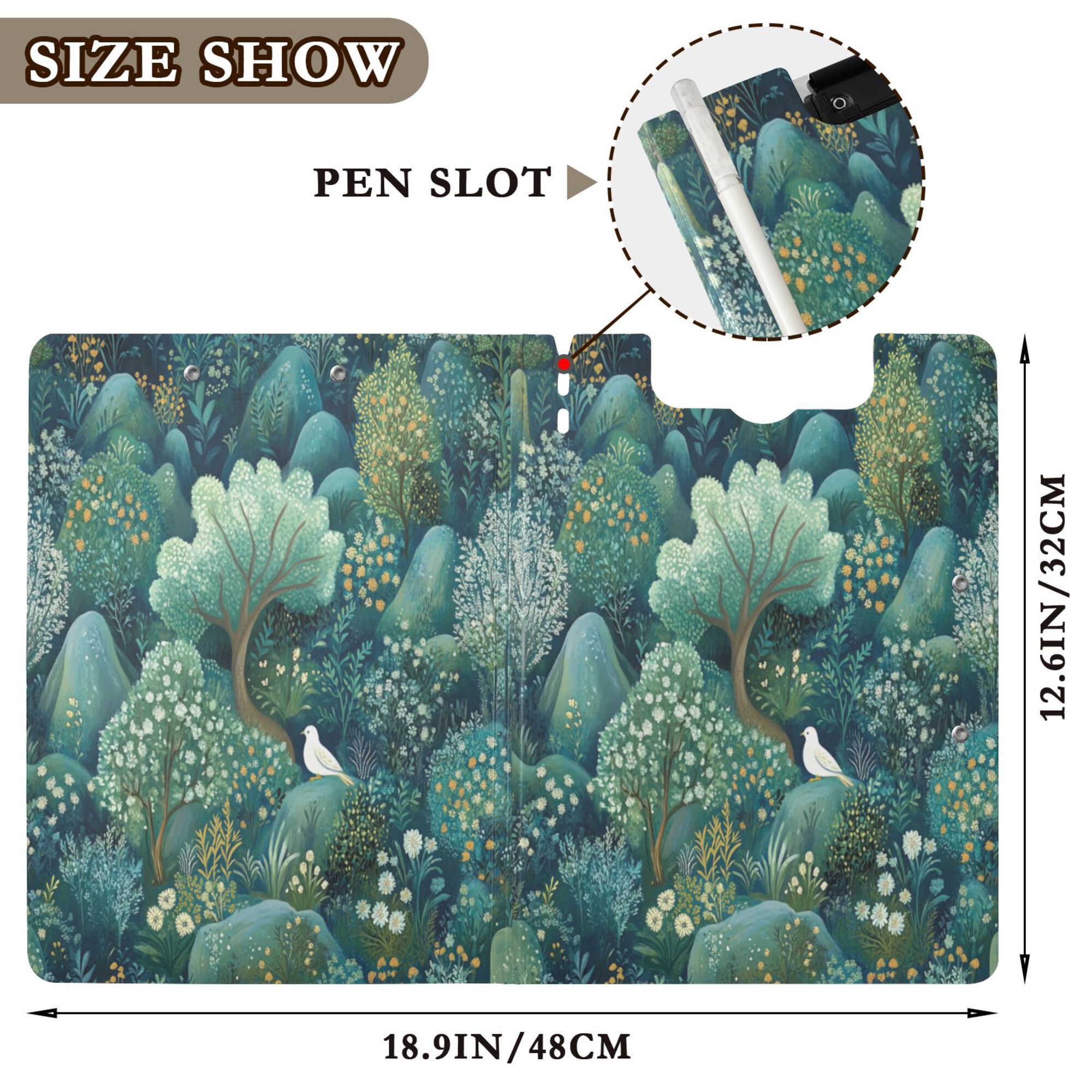 FORMRS A4 Clipboard Folder with Pen Holder Horizontal Foldable School Office Binder, Green Forest Pattern