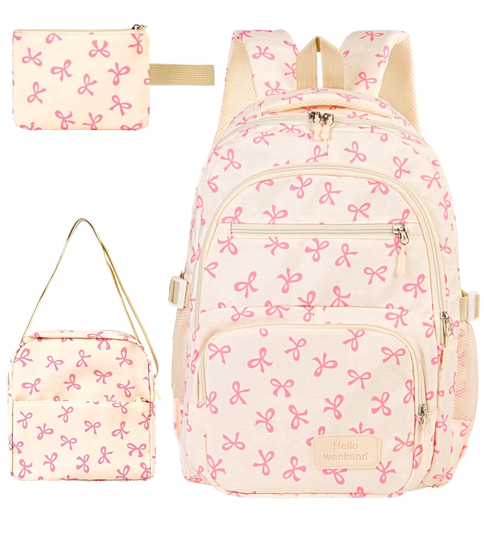 DAKIMOE Girls 3-Piece Backpack Set with Bow, Pink photo 1