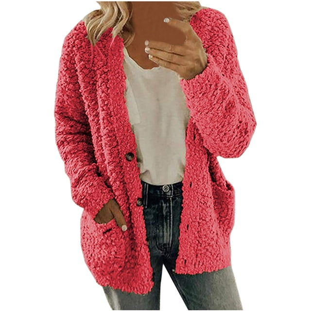 Solid Color Plush Sweater for Womens Plus Size Coat Pockets Outerwear Buttons Cardigan