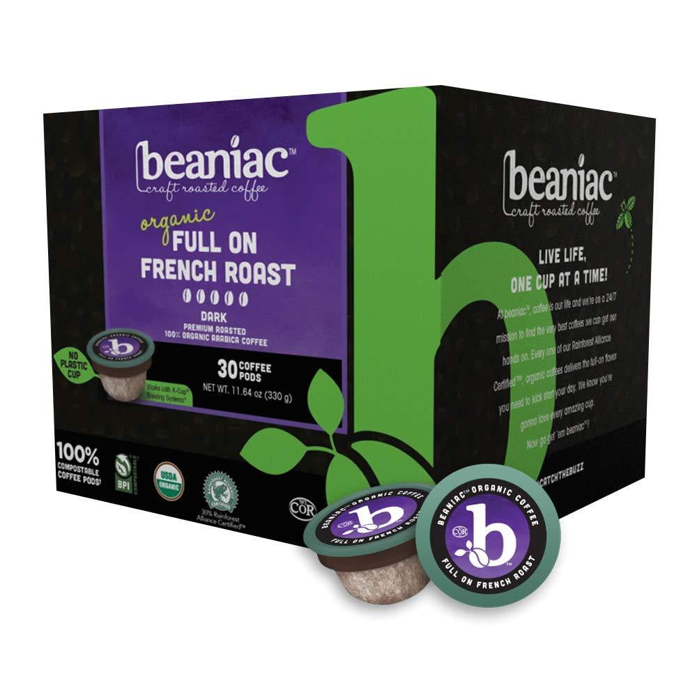 Photo 1 of beaniac Organic Full On French Roast Dark Roast, Single Serve Coffee K Cup Pods Rainforest Alliance Certified 30 Compostable, Plant-Based Coffee Pods Keurig Brewer Compatible 3/25