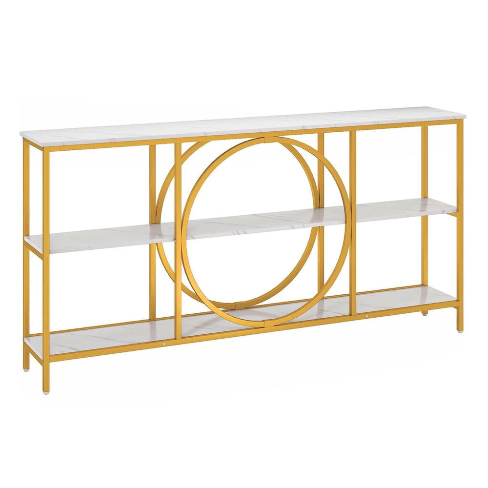 Barara King 3-Tier Console Desk Table with Faux Marble Top and Storage Shelves, Entryway Table for Hallway, Living Room, White
