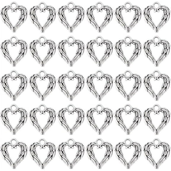 60Pcs Small Angel Wings Charms Heart Wing Alloy Charms Silver Heart Feather Charms Valentine's Day Charms for Bracelet Necklace Jewelry Making Hole: 2.5mm for making