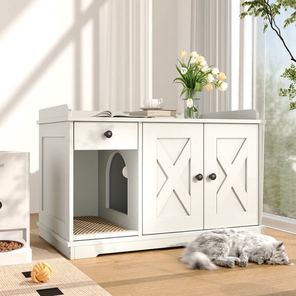 JXXRZ Farmhouse Cat Litter Box Enclosure, Hidden Litter Box Furniture with Storage Drawer, White