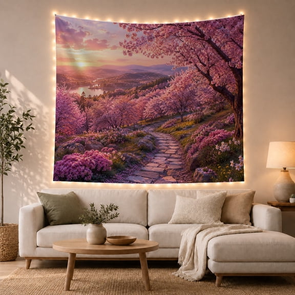 Japanese Cherry Blossom in Sunset Landscape, Dreamy Japanese Inspired for Nature Lovers, Botanical Wall Art, Mother's Day Gift, Tapestry Wall Hanging for Bedroom, Living Room and Dorm