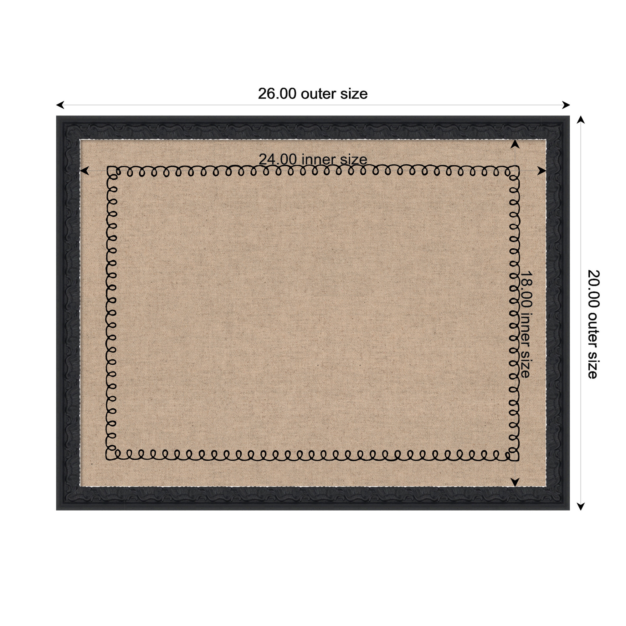 Kate and Laurel Framed Fabric Pinboard 26 x 20, Black Scalloped Edge Printed Linen Decorative Bulletin Board for Use as a Vision Board or Wall Organization, Bethany Black Frame