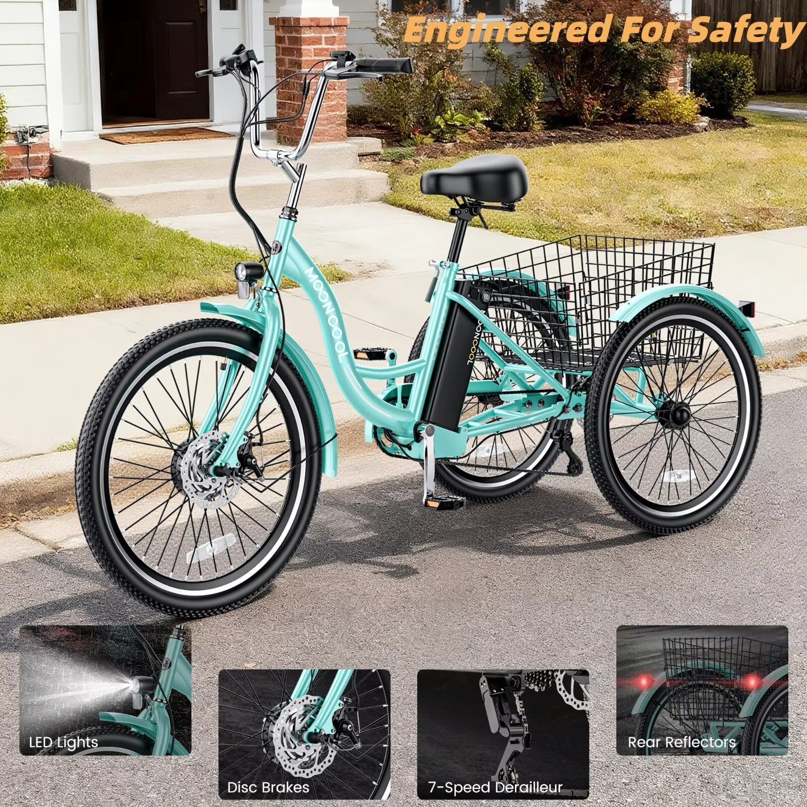 MOONCOOL 24"/26" Adult Electric Tricycle W/ Chain lock, Peak 700W 36V 10.4AH, 7 Speeds Step Through Electric Trike Motorized Three Wheel Electric Bikes w/ Large Basket for Women Men