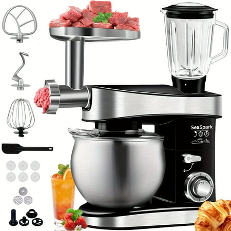 6-in-1 Electric Vertical Mixer 400W | 6-Speed with Pulse Button & 6.3QT Stainless Steel Bowl | Includes Dough Hook, Egg Beater, Spatula & Accessories | Juicer, Meat Grinder & Noodle Press Attachments