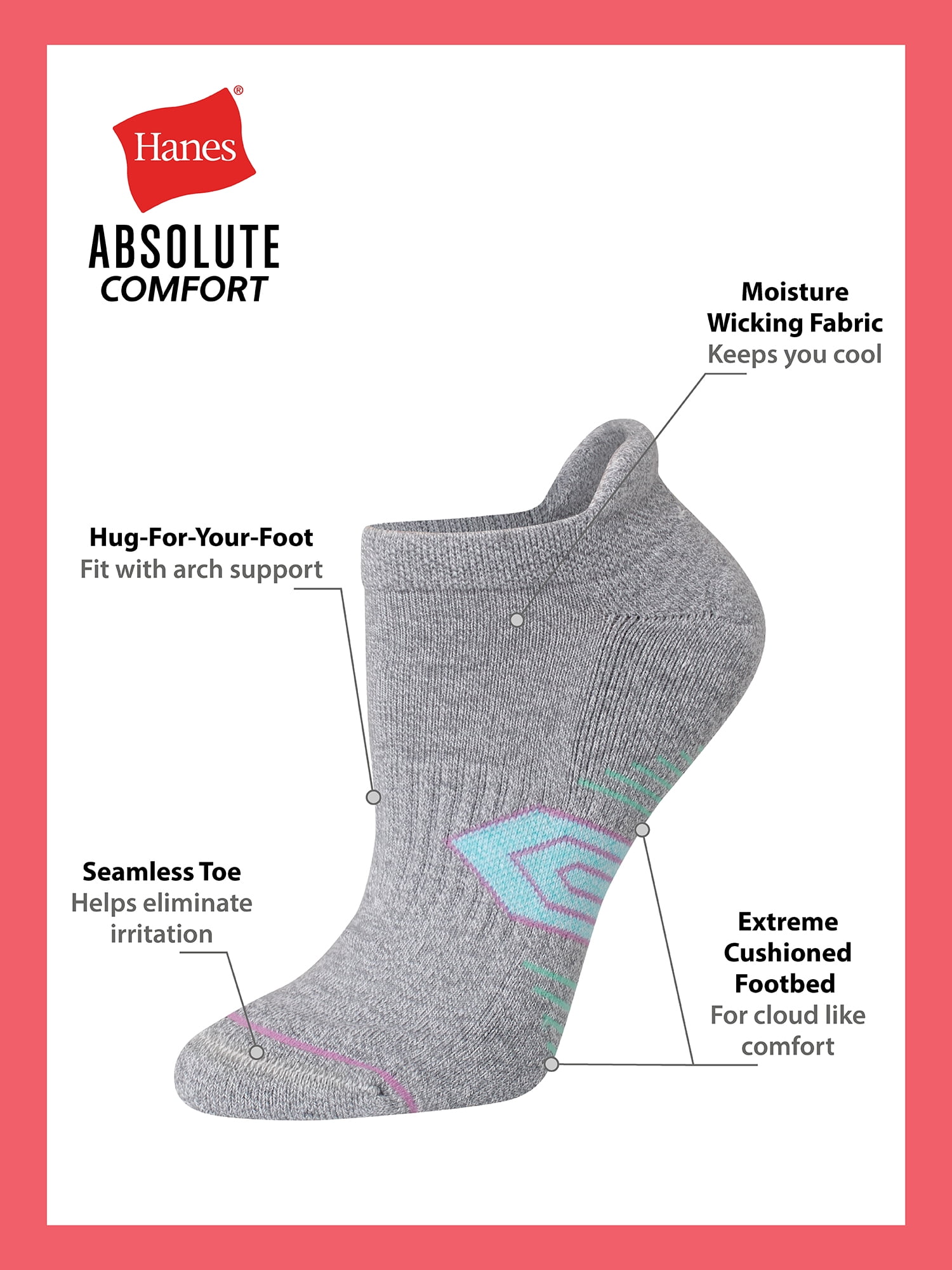 Hanes Womens Absolute Comfort No-Show Socks w/ Heel Shield, 4-Pack, Size 5-9