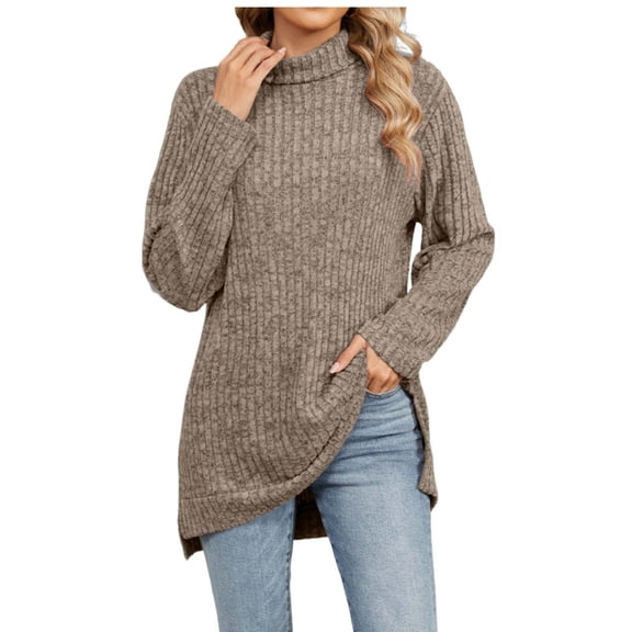 Oplxuo Womens Turtleneck Ribbed Loose Sweatshirts Pullover Long Sleeve Split Hem Tunic Tops 2025 Fall Clothes