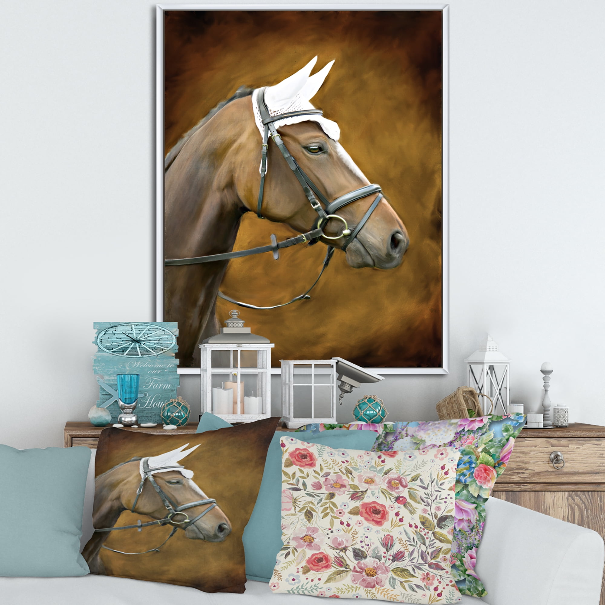 Close Up Portrait Of Brown Horse With White Ears 12 in x 20 in Framed Photography Canvas Art Print, by Designart