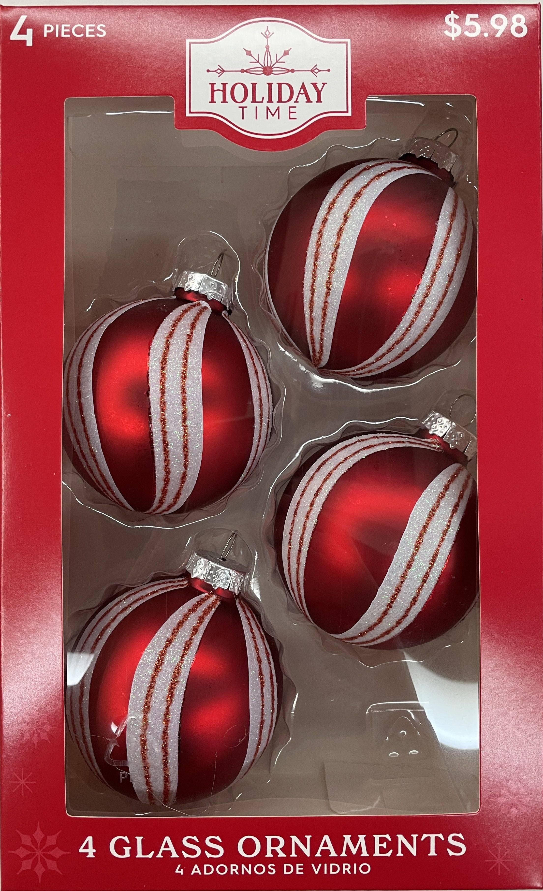 Holiday Time 4 Count Candy Glass Ball Christmas Ornaments, 65mm, Boxed Glass, Red