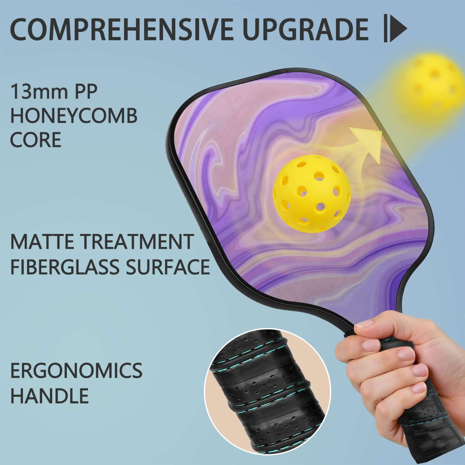 Pickleball Paddles Set Of 2, Fiberglass Surface, Liquid & Marble Print, 4 Balls & Bag