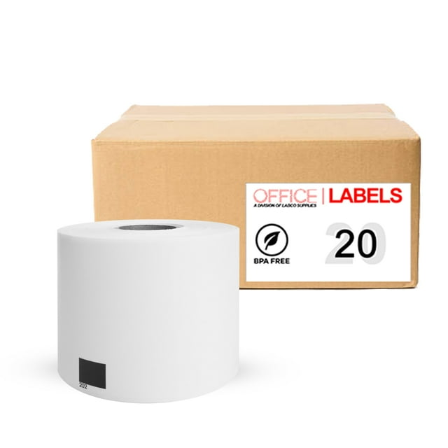 20 Rouleaux d'Étiquettes Compatibles DK-1202 pour Imprimantes Brother, Chaque Rouleau Contenant 300 Étiquettes Mesurant 2-3/7 Pouces par 4 Pouces (62 mm x 100 mm). les Étiquettes Sont Faites de Papier Thermique direct Blanc Éclatant de Haute Qualité et Sont Sans BPA. l'Image Montre un Seul Rouleau au Premier Plan et une Boîte Étiquetée en Arrière-Plan.