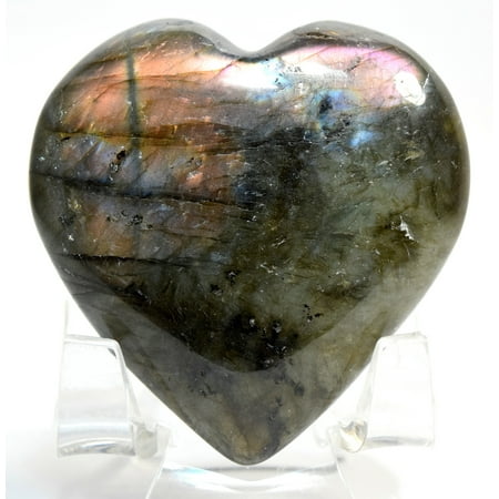- 48mm Orange Pink Rainbow Flash Labradorite Heart Polished Gemstone Crystal Mineral Specimen - Madagascar + Acrylic Stand