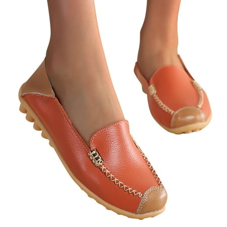 

eczipvz Womens Shoes Dressy Casual Womens Penny Loafers Shoe Women Leather Loafers Driving Comfortable Boat Shoe Orange