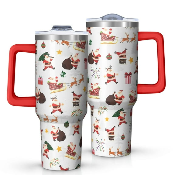White Christmas Santa Pattern Tumbler with Handle and Lid,40oz Double Wall Vacuum Insulated Tumbler,Cups Gift for Women and Men