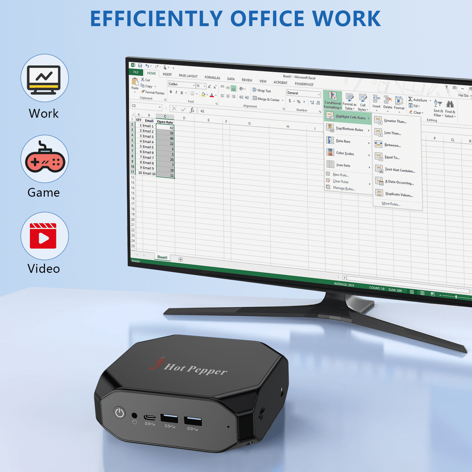 Hot Pepper RM10 Mini PC N100 8GB DDR4 RAM + 256GB SSD ROM 5G + 2.4G Wifi Wireless 5.1 4K 60Hz M.2 2280 Pcle3.0X4 Slot Mini Computer