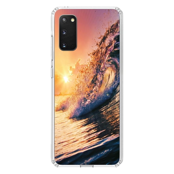DistinctInk Clear Shockproof Hybrid Case for Galaxy S20 ULTRA / 5G (6.9" Screen) - TPU Bumper, Acrylic Back, Tempered Glass Screen Protector - Ocean Wave Sunset