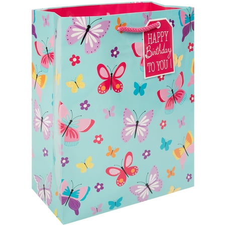 Way To Celebrate Value Gift Bag, Happy Birthday, Butterflies, Blue, Pink, Yellow, Purple, Iridescent Glitter