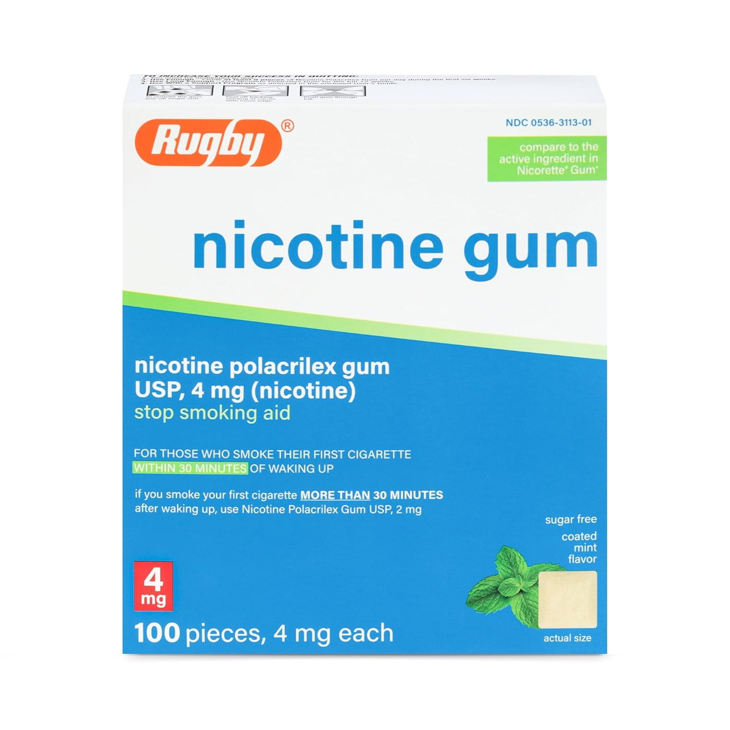 Rugby Polacrilex 4mg Nicotine Gum, Coated Mint Flavor, 100 Count (1-Pack)