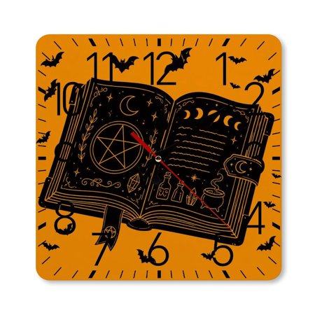 GooTPa 10×10inch Square Silent Wall Clock Wooden Frame, Spell Books Bats Orange Scale Decorative Clock for Home Bedroom Living Room Office