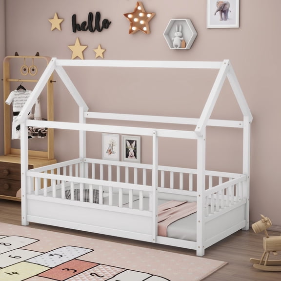 Oufan Twin Size House Floor Bed,Wooden Montessori Bed with House Roof Frame and Fence Guardrails,Twin Bed Frame for Boys, Girls, White