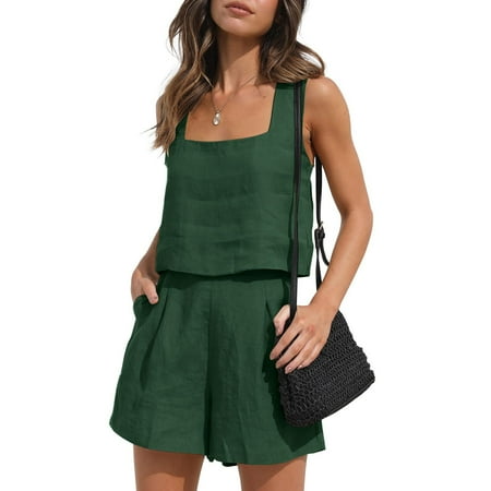 ZAZYULZ Womens 2 Piece Sets Two Piece Shorts Crop Tops Trendy Clothes Summer Set(Green M)