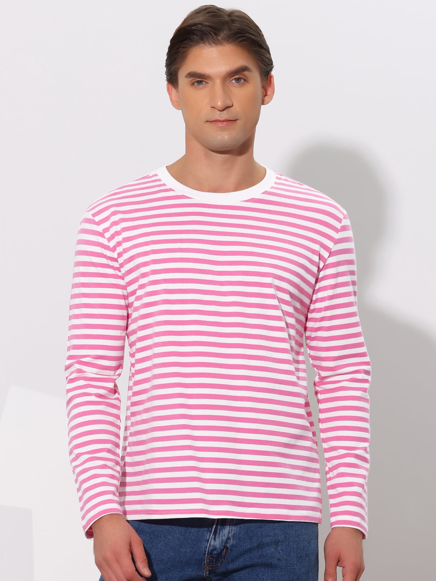 Unique Bargains Men's Long Sleeve Pullover Top Crew Neck Striped T-Shirts 38 Pink White