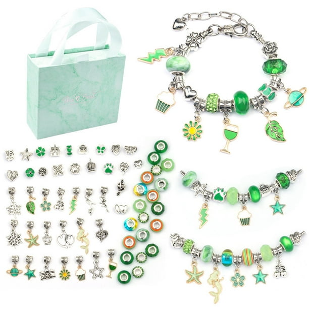 64 pièces Kit de fabrication de bijoux de Noël Bracelet à breloques  colliers présent ensemble de perles en alliage Pandora Bracelet enfant  bricolage (vert) 