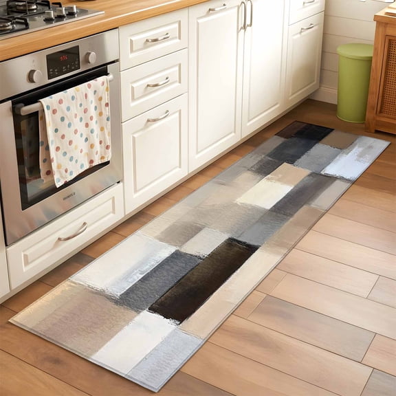 2'x6' Rug Runners for Hallways Kitchen, Brown Beige Plaid Non Slip Entryway Beside Floor Carpet Runner, Abstract Oil Painting Checkered Washable Laundry Room Bedroom Throw Rugs Mat for Family Pet