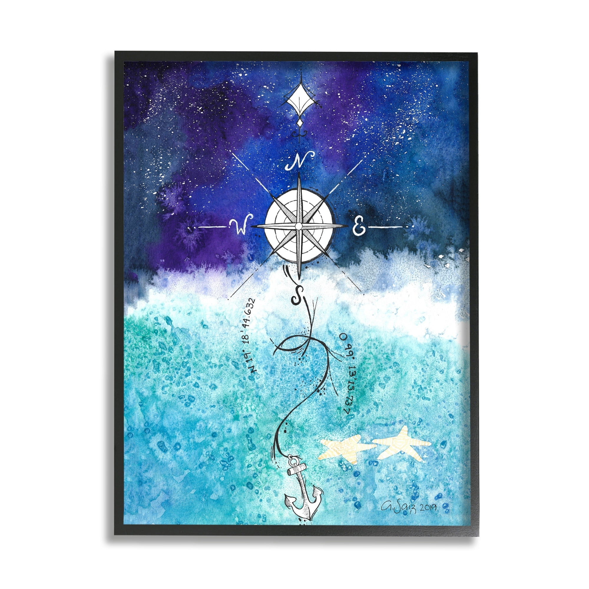 Night Sky Blue Ombre Ocean Waves Nautical Compass Anchor Coastal Painting Framed Art Print Wall Art
