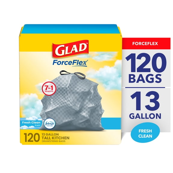 Glad ForceFlex Tall Kitchen Trash Bags, 13 Gallon (Fresh Clean Scent, Febreze Freshness)