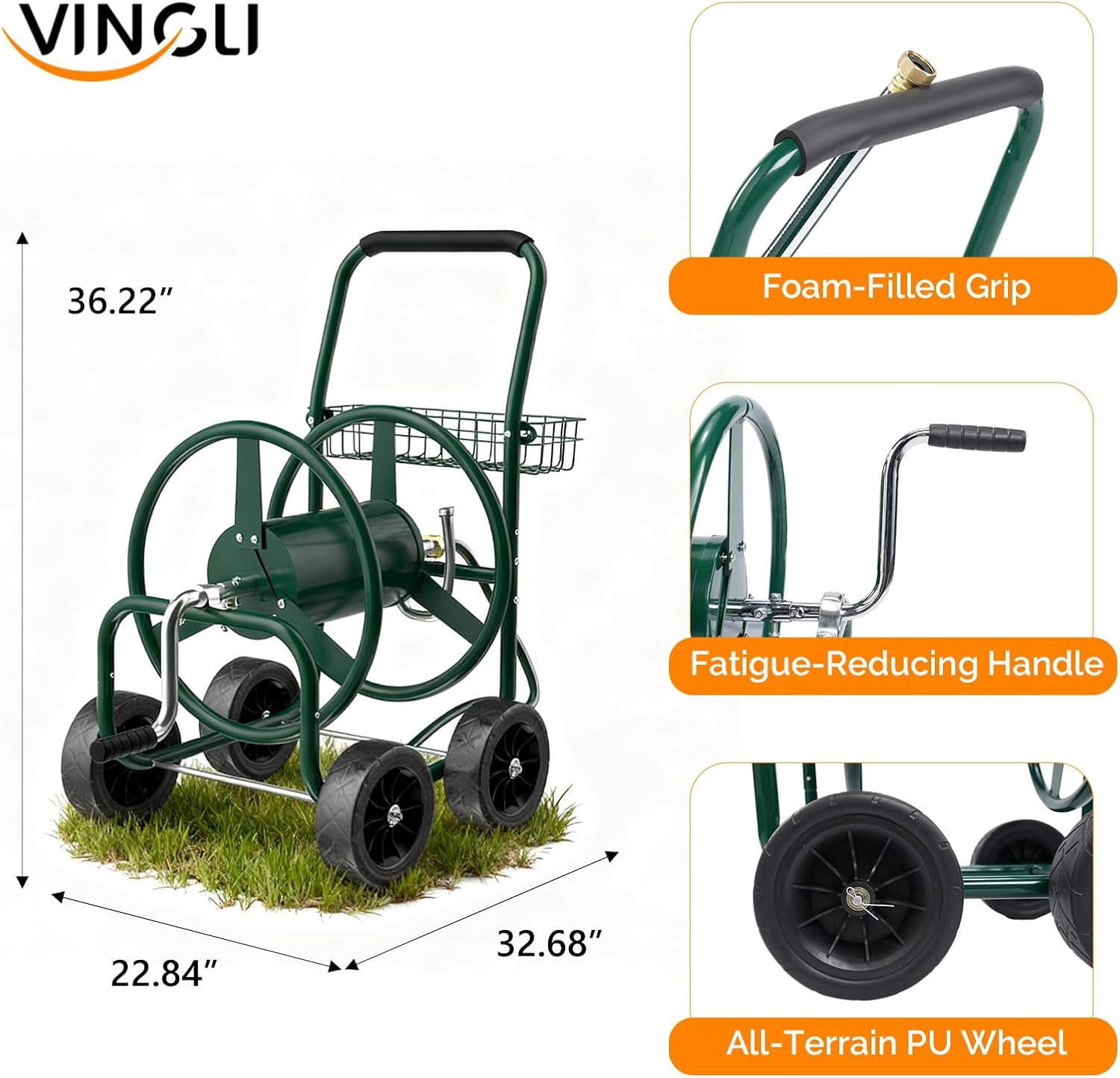 CHTER 4-Wheel Garden Hose Reel Cart with Storage Basket, Portable Residential Hose Reel Cart, Lawn Watering, for Garden Backyard and Farm (Green 250FT)