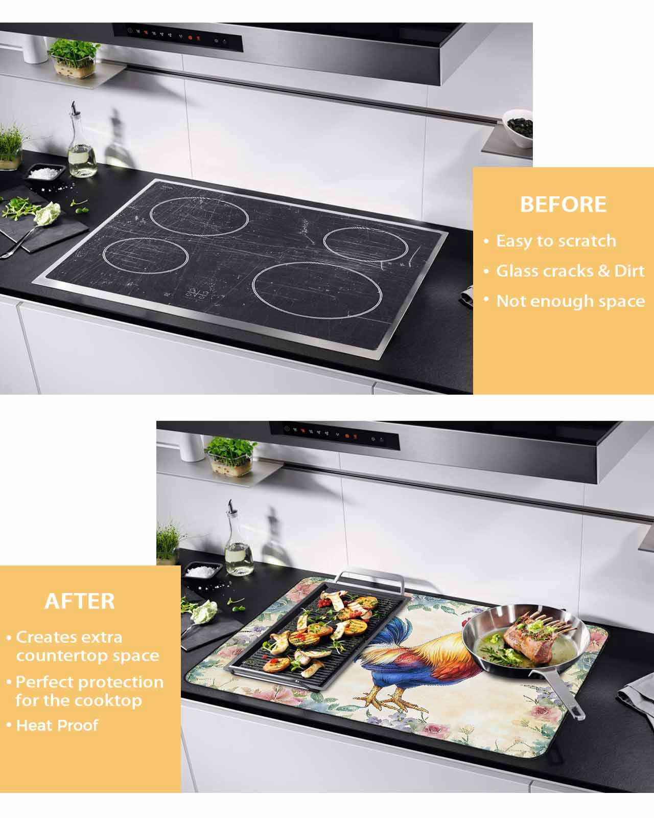 nqOlkjepod Large Induction Cooktop Protector Mat 24"x21", Farmhouse Chicken Stove Top Covers for Electric Stove, Watercolor Flowers Floral Farmhouse Stove Burner Cover Mats, Glass Top Stove Cover