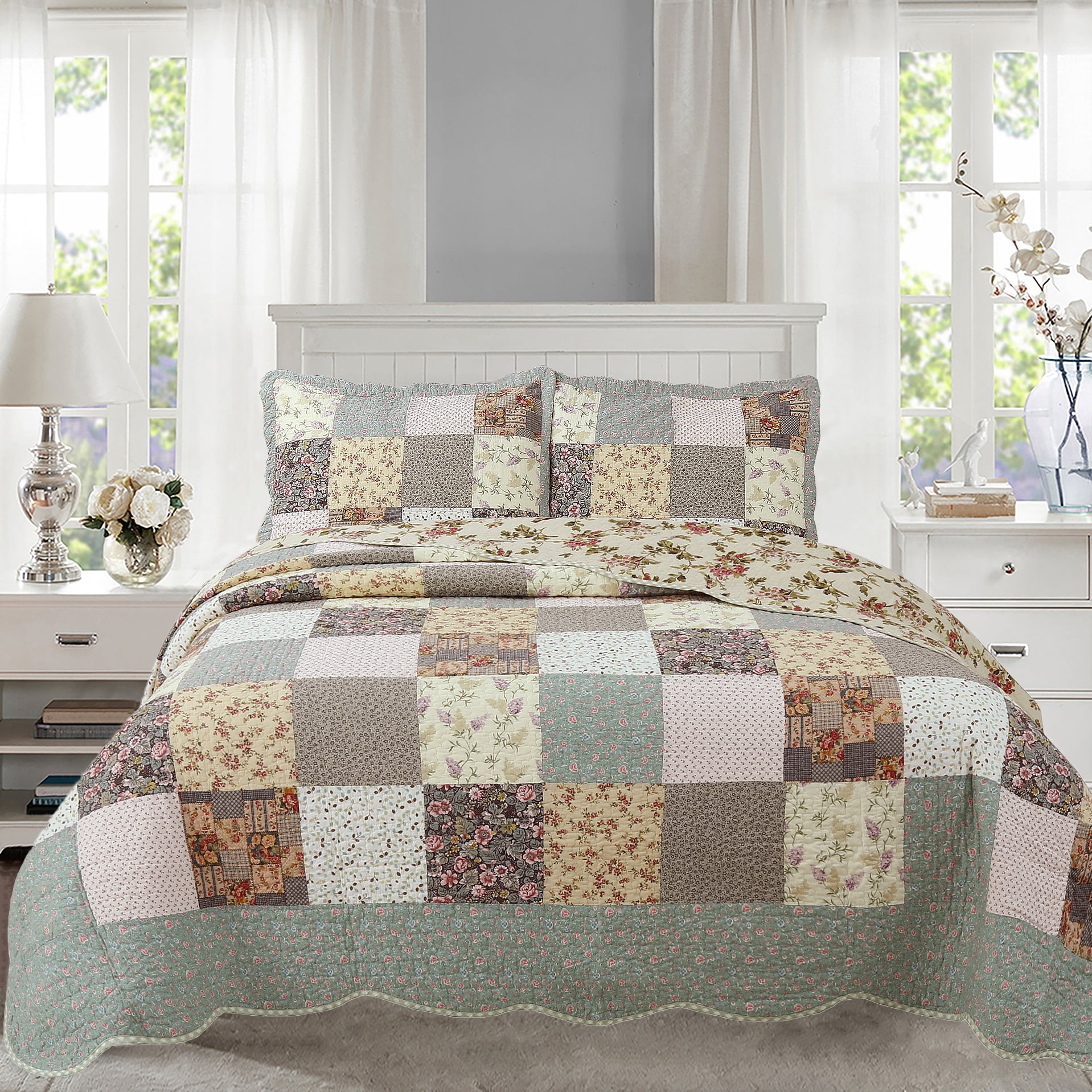 Country Floral Chic Scalloped Patchwork Cotton 3-Piece Quilt Bedding Set