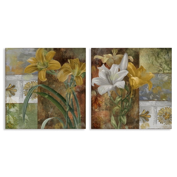 Stupell Industries Lilies & Vintage Tile Patterns Floral Painting Wrapped Canvas Canvas Art Print Wall Art, 17 x 17, Set of 2