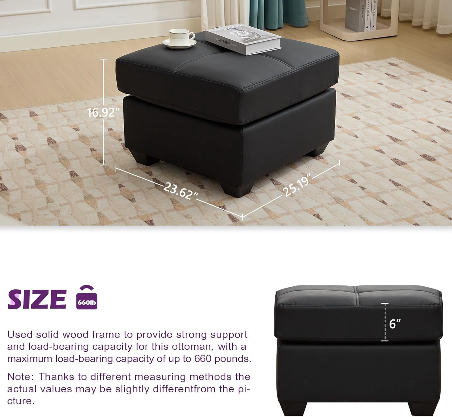 LAZZO Leather Ottoman, Square Faux Leather Bench with Extra Deep Cushion, Multi-Functional Footrest & Extra Seating for Living Room Bedroom, Black