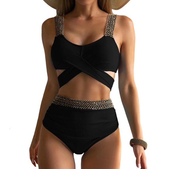 Lerpwige Two Piece Tummy Control Bikini Swimsuits for Women High Waisted Bathing Suit with Full Coverage Bikini Bottom