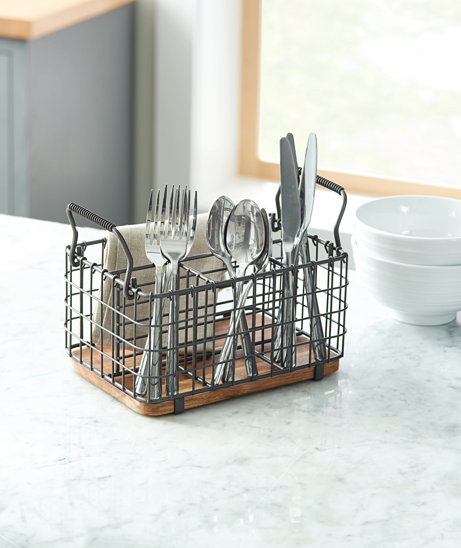 Better Homes & Gardens Wire Utensil Caddy, Gray Color with Wood Base