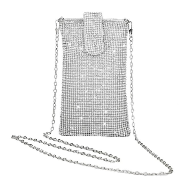 KAKOWELY phone chain bag All-Match Shoulder Bag Shiny Rhinestone Chain Phone Bag Small Cross Body Bag7.28"X4.33"X0.59"